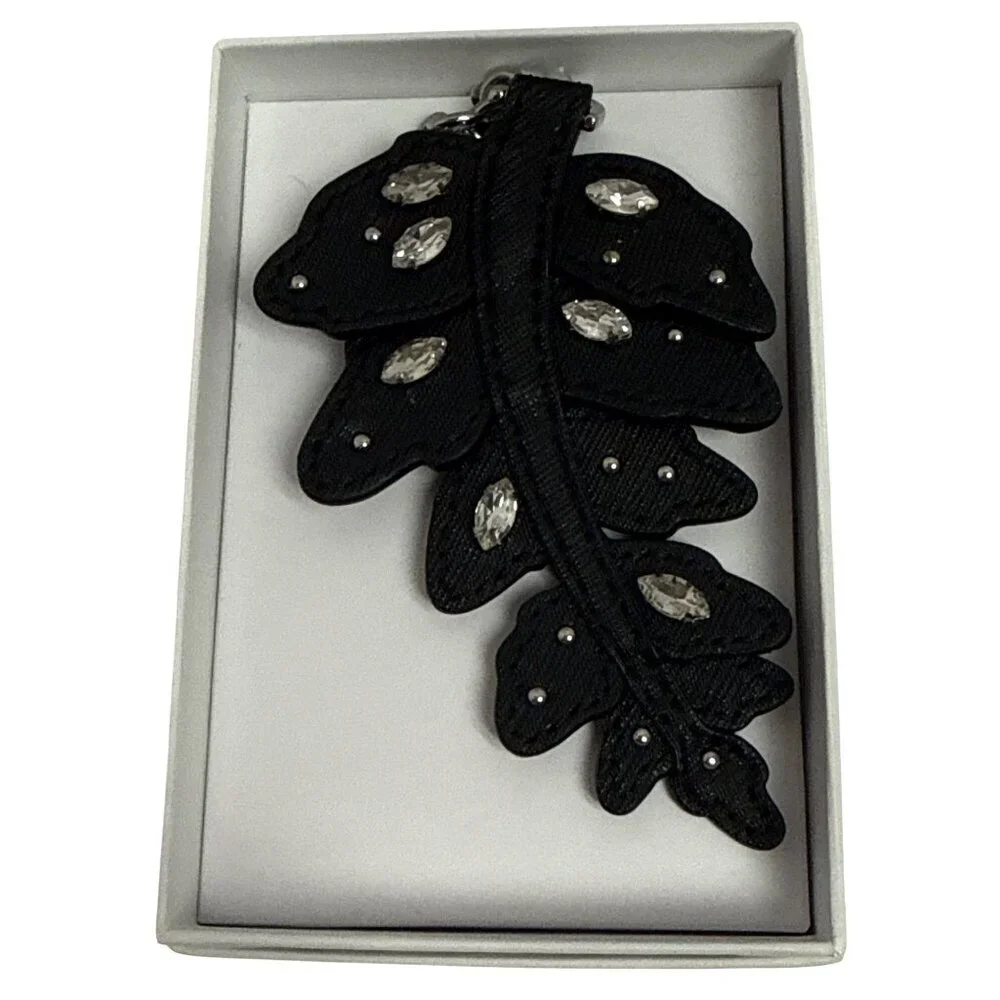 Michael Kors Ballet Leaf Black Leather Key Chain Bag Charm Crystal Large NIB